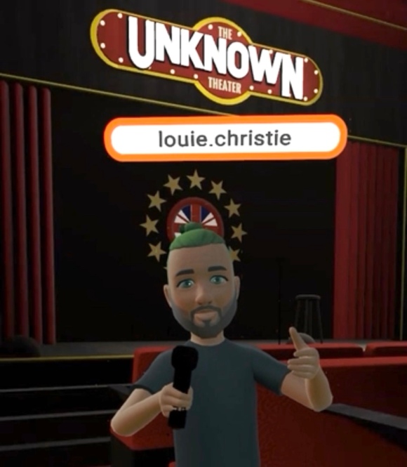 Computer generated 3D image of a cartoonish character With green hair and a grey beard holding a microphone. Above his head says 'louie.christie' and behind him is a stage with red theatre seats and curtains and a banner 'The Unknown Theater'