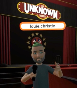 Computer generated 3D image of a cartoonish character With green hair and a grey beard holding a microphone. Above his head says 'louie.christie' and behind him is a stage with red theatre seats and curtains and a banner 'The Unknown Theater'